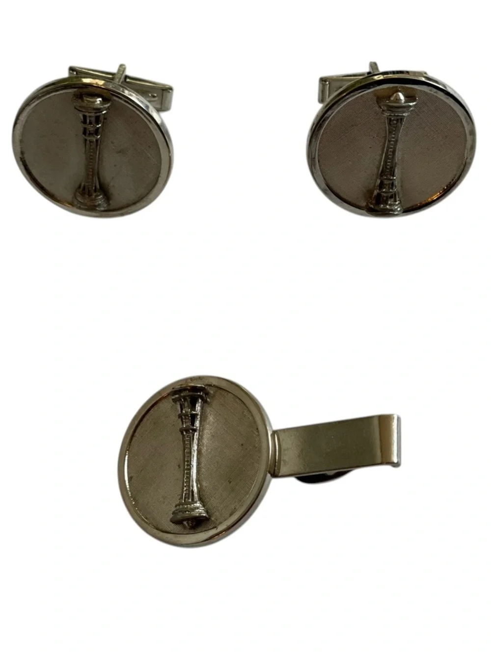 Vintage Brushed Silver-Tone Tie Clip and Cuff Links Set